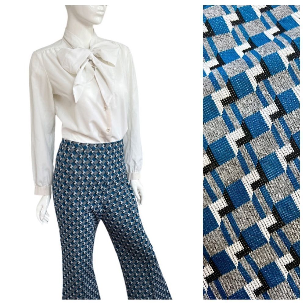 Groovy 60s / 70s Mod Teal Geometric Cropped Ankle Flared Pull on Pants